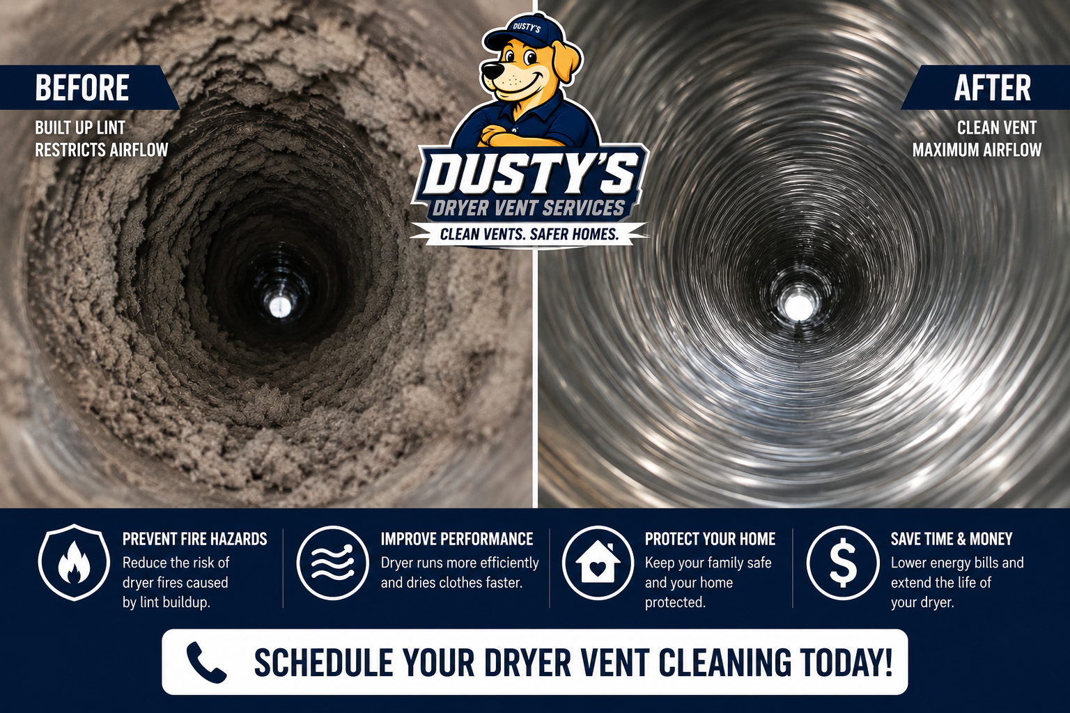Before and after dryer vent cleaning